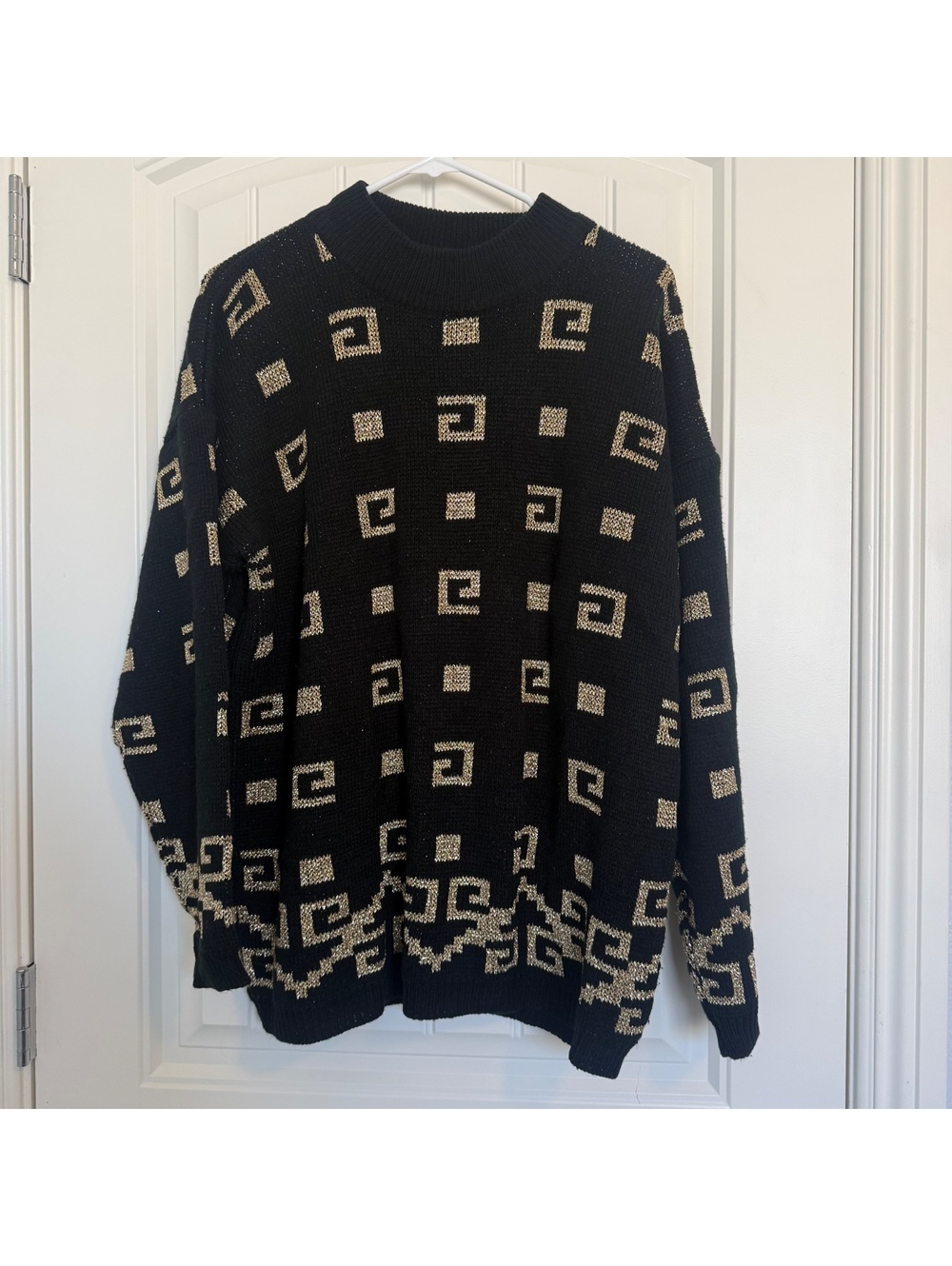 Vintage Black & Gold Metallic Knit Sweater - Oversized Geometric Pattern Size XL
